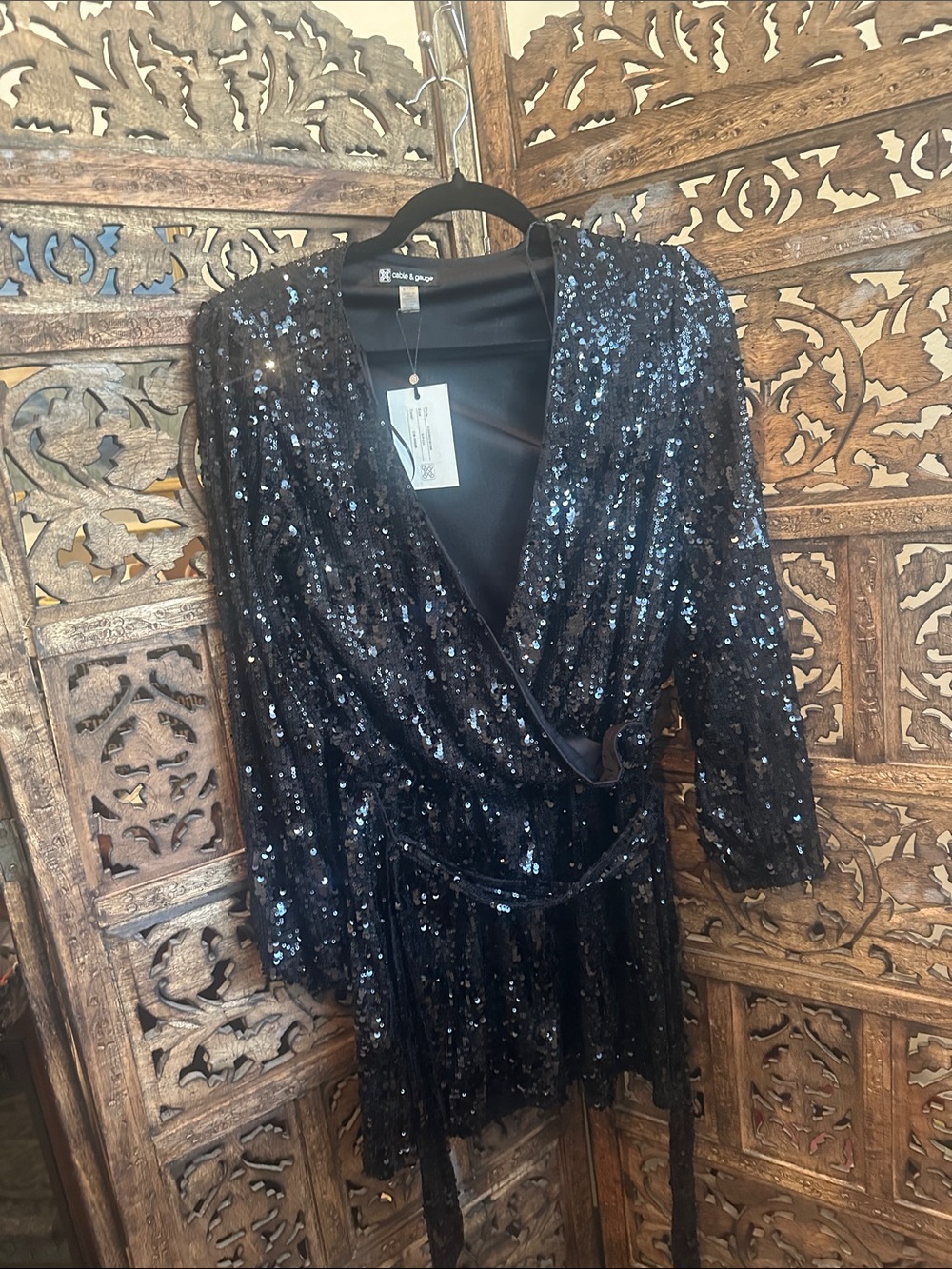 Black Sequin Cable and Gauge Wrap top Romper NWT